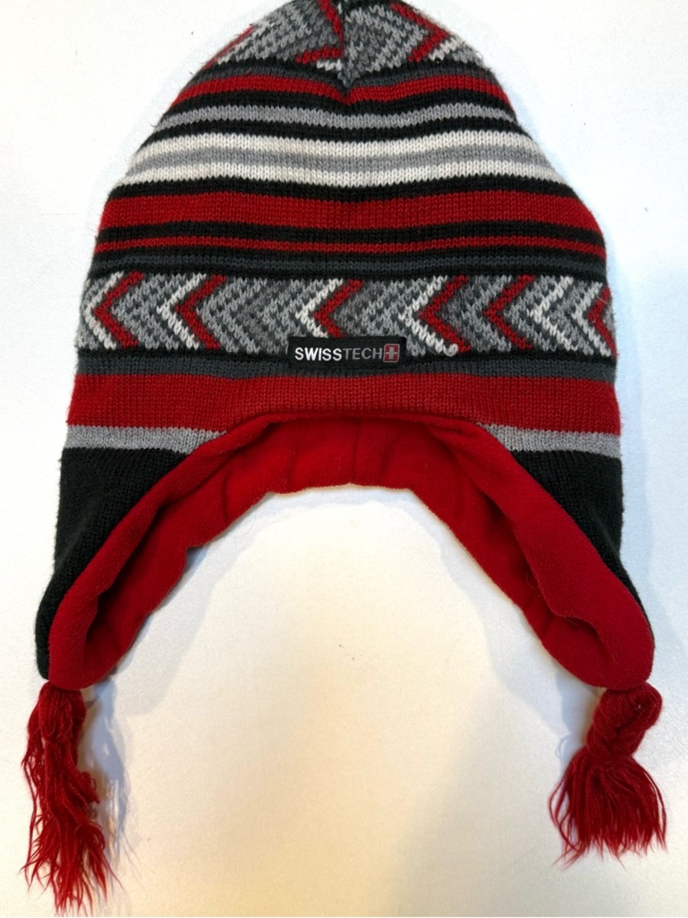 Swiss Tech Red, Gray & Black Striped Earflap Beanie